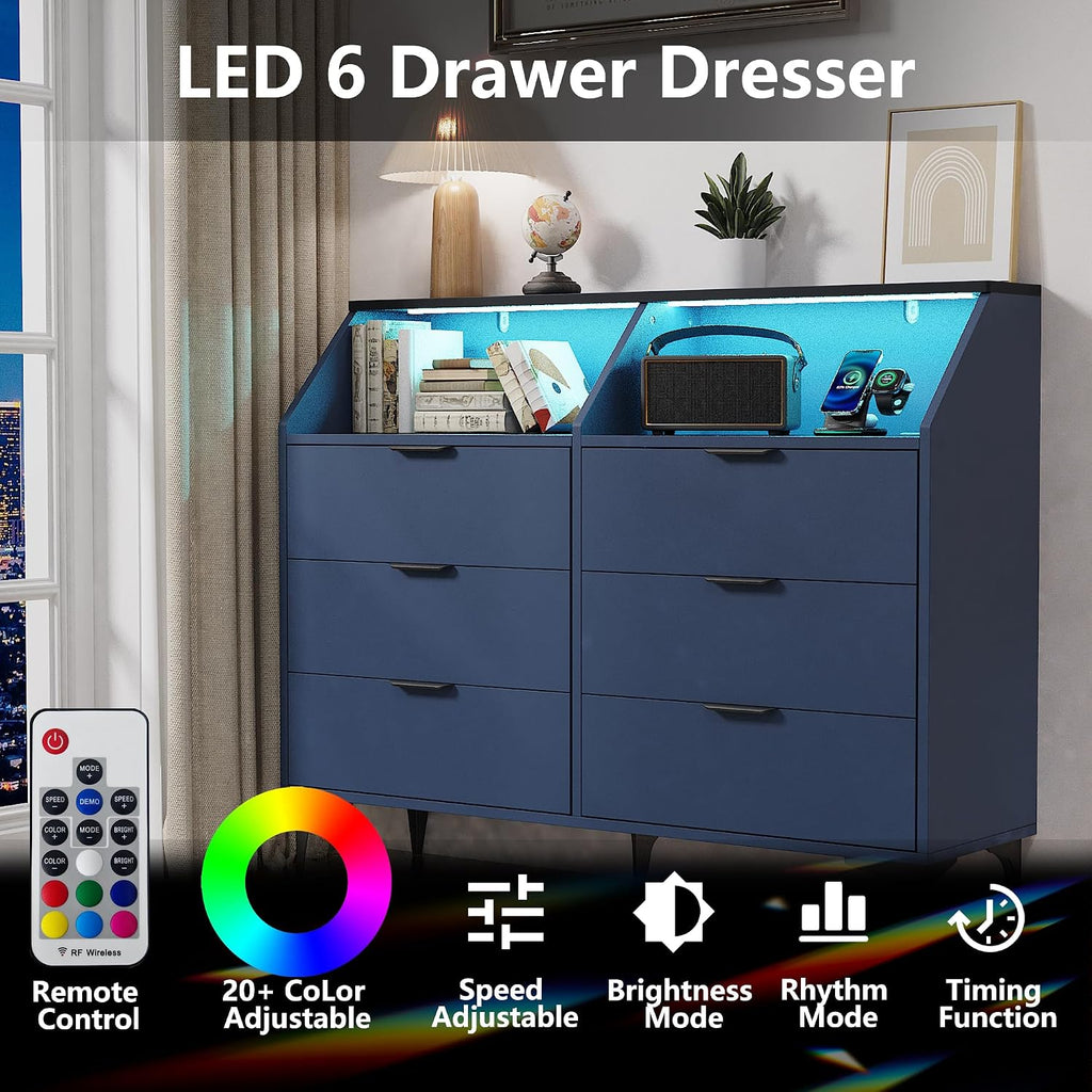 LOUVIXA 6 Drawer Dresser with LED Light, Chest of Drawers with Charging Station, Large Double Dressers, Wooden Dressers for Bedroom, Living Room, Entryway, Hallway (Blue)