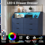 LOUVIXA 6 Drawer Dresser with LED Light, Chest of Drawers with Charging Station, Large Double Dressers, Wooden Dressers for Bedroom, Living Room, Entryway, Hallway (Blue)
