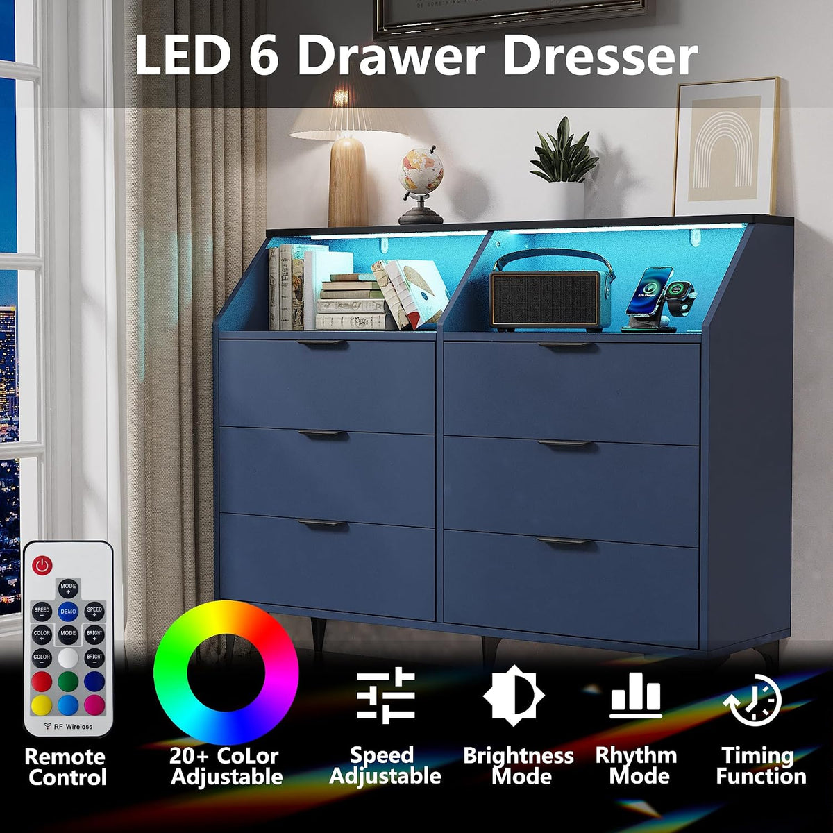 LOUVIXA 6 Drawer Dresser with LED Light, Chest of Drawers with Charging Station, Large Double Dressers, Wooden Dressers for Bedroom, Living Room, Entryway, Hallway (Blue)