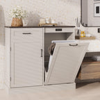 LOUVIXA Double Tilt Out Trash Cabinet, Kitchen Island with Trash Storage, Trashcan Cabinet for Kitchens, Wood Cabinet with Trash Can Pull Out, Dog Proof Trash Can (Off White, 20 Gal)