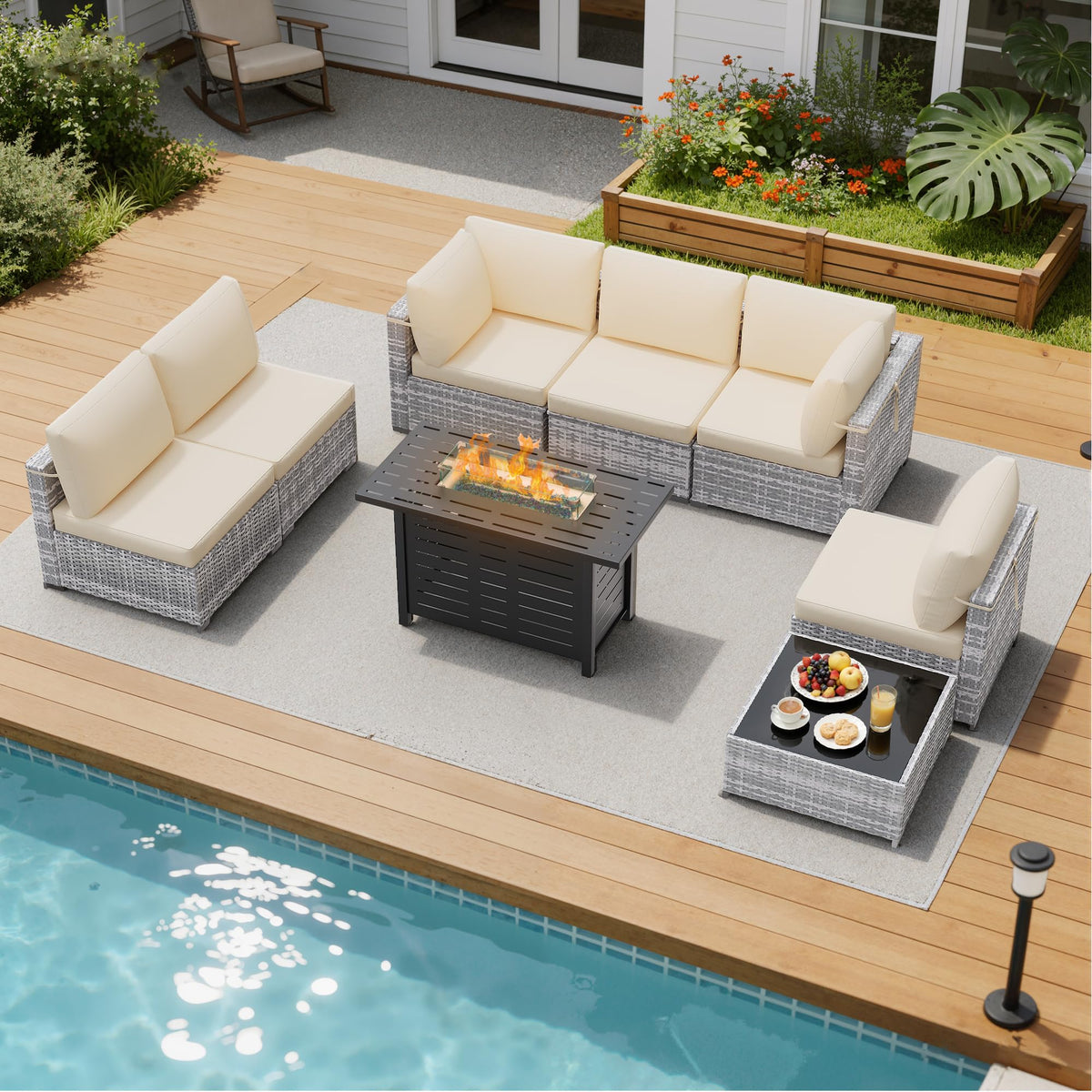 LOUVIXA 7 Piece Outdoor Patio Furniture Set, Rattan Chairs Glass Table Wicker Conversation Seating Sectional Sofa with Cushions (Brown-Camel, 7Pcs-2 Layer Coffee Table)