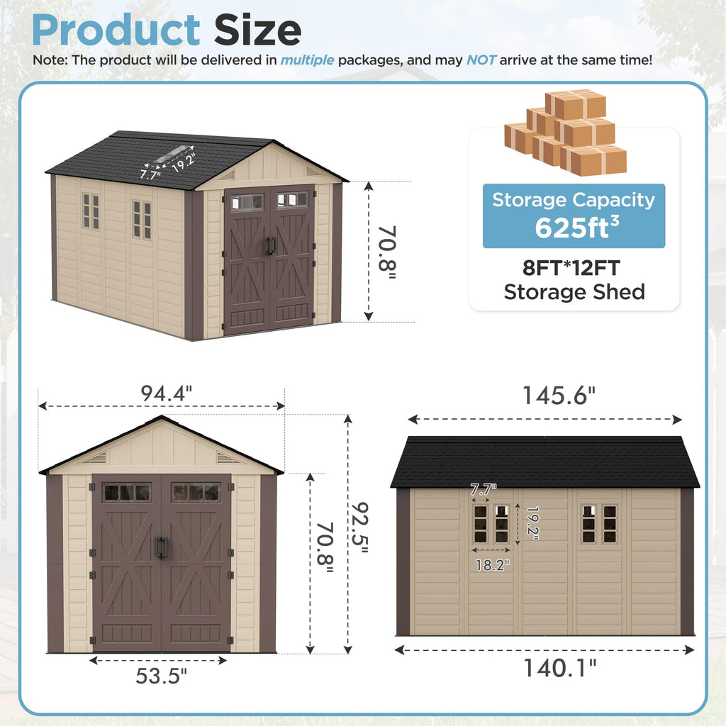 8x6 Resin Shed with Floor, Plastic Storage Shed with Window, Outside Storage Sheds with Lockable Door, Vents for Backyard, Garden, Lawn (8FTx6FT)