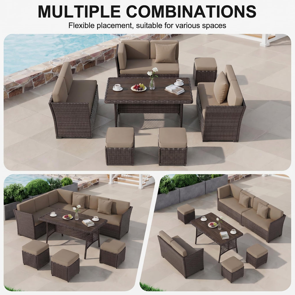 LOUVIXA 7 Pieces Patio Furniture Set, Outdoor Patio Furniture, Wicker Conversation Set with Dining Table, Chairs and Ottoman (6237 Grey-Brown)