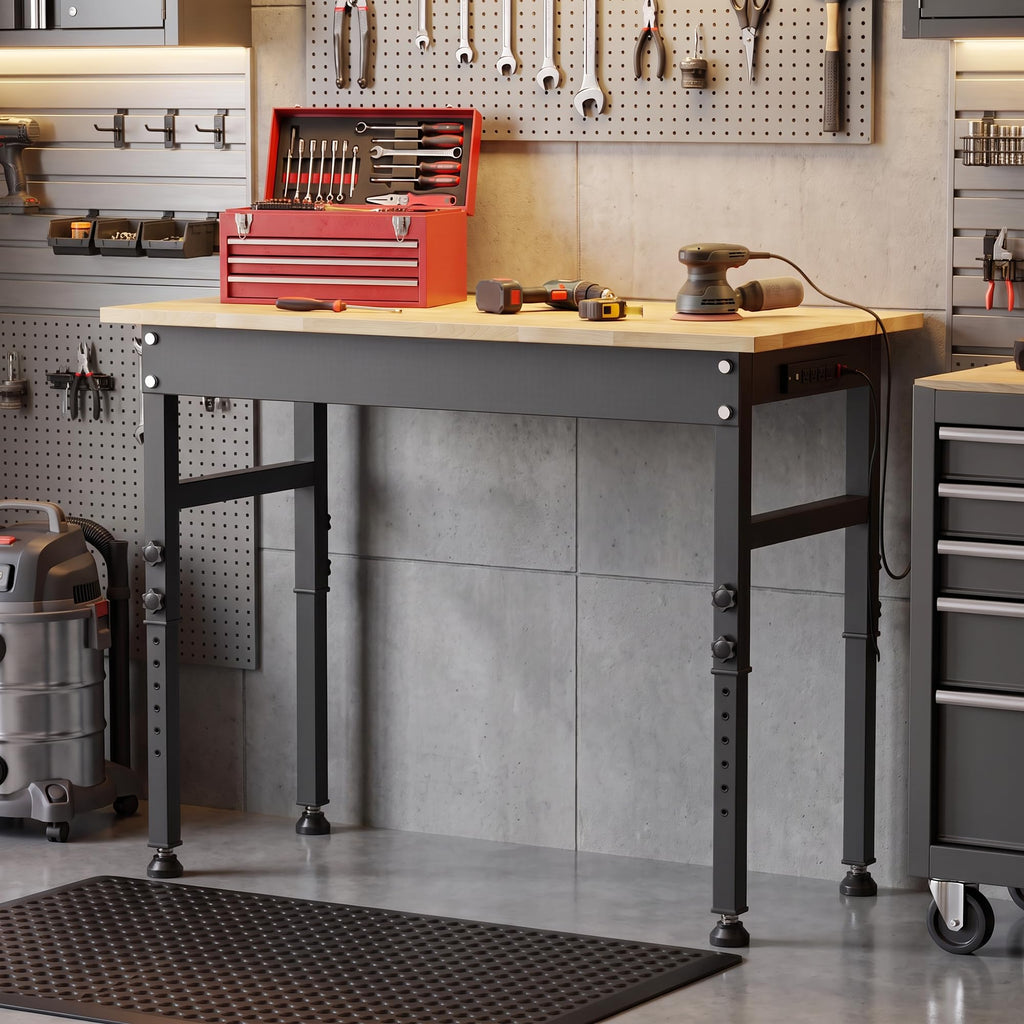 94.5" Heavy Duty Workbench, Height Adjustable Garage Work Table, Workstation Desk with Power Strip2, Workbench with Pegboard, 2000LBS Max Load