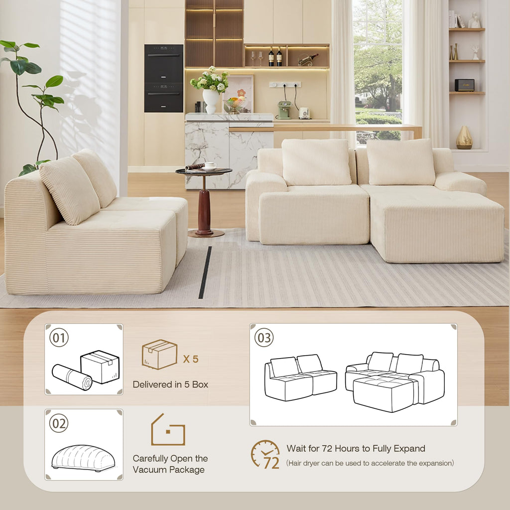 Modular Sectional Sofa, Boneless Couches for Living Room, Corduroy Couch, Big Comfy Couch, Modular Cloud Sofa with Deep Seat (Grey, 2 Pieces-Loveseat)