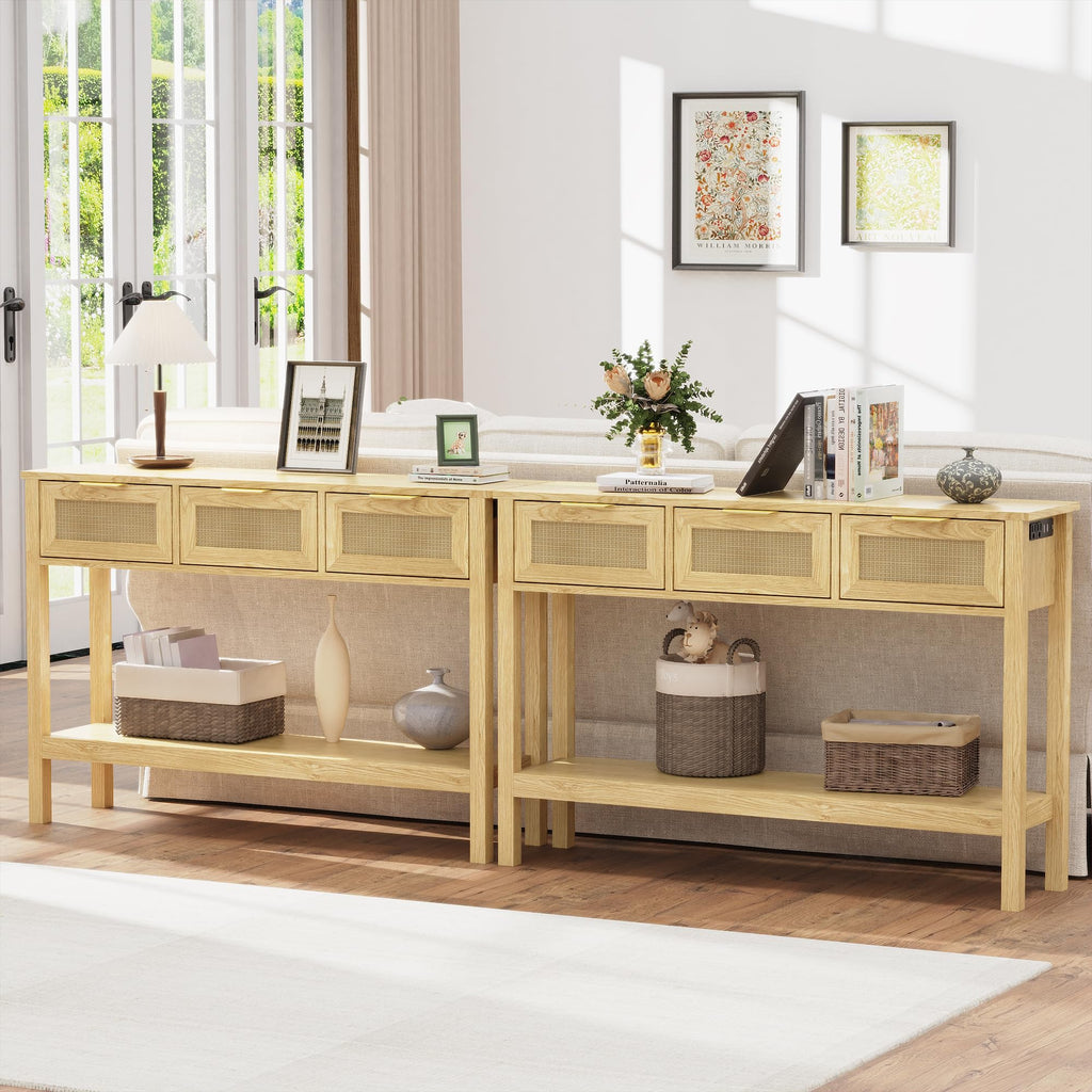 LOUVIXA Boho Entryway Table, Rattan Console Table, Wood Entryway Console, Long Hallway Table with 3 Drawers & Open Shelf for Living Room, Hallway, Corridor, Foyer (White)