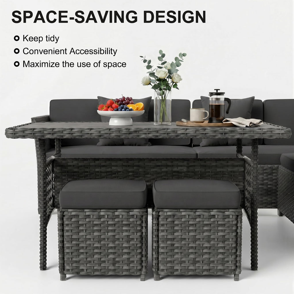 LOUVIXA 7 Pieces Patio Furniture Set, Outdoor Patio Furniture, Wicker Conversation Set with Dining Table, Chairs and Ottoman (6237 Grey-Brown)