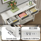 LOUVIXA Boho Entryway Table, Rattan Console Table, Wood Entryway Console, Long Hallway Table with 3 Drawers & Open Shelf for Living Room, Hallway, Corridor, Foyer (White)