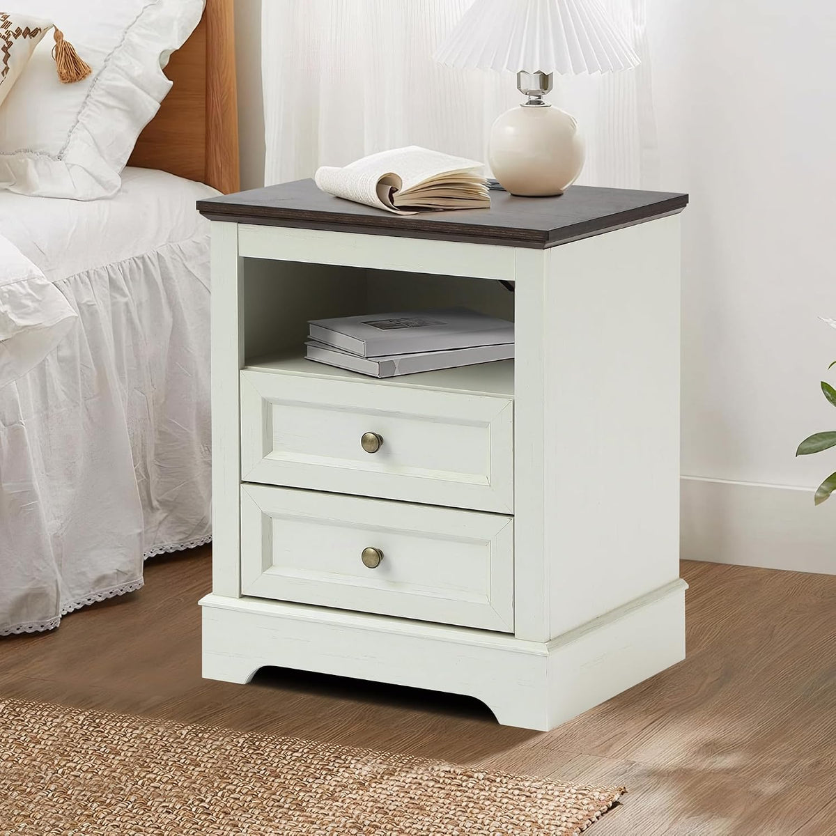 LOUVIXA Nightstand with Charging Station, Farmhouse Night Stand with 2 Drawers, Bedside Cabinet for Bedroom, End Table Side Table with Storage (1, White)