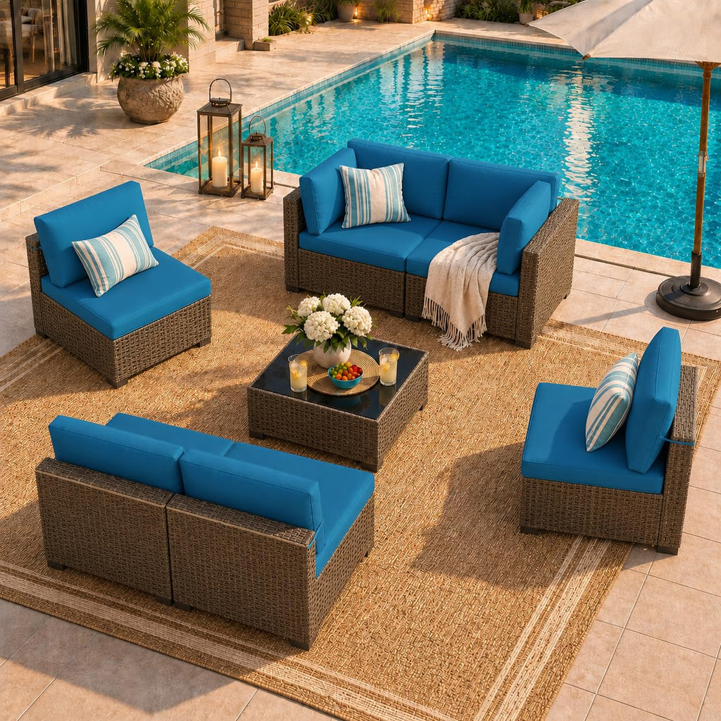 LOUVIXA 7 Piece Outdoor Patio Furniture Set, Rattan Chairs Glass Table Wicker Conversation Seating Sectional Sofa with Cushions (Brown-Camel, 7Pcs-2 Layer Coffee Table)