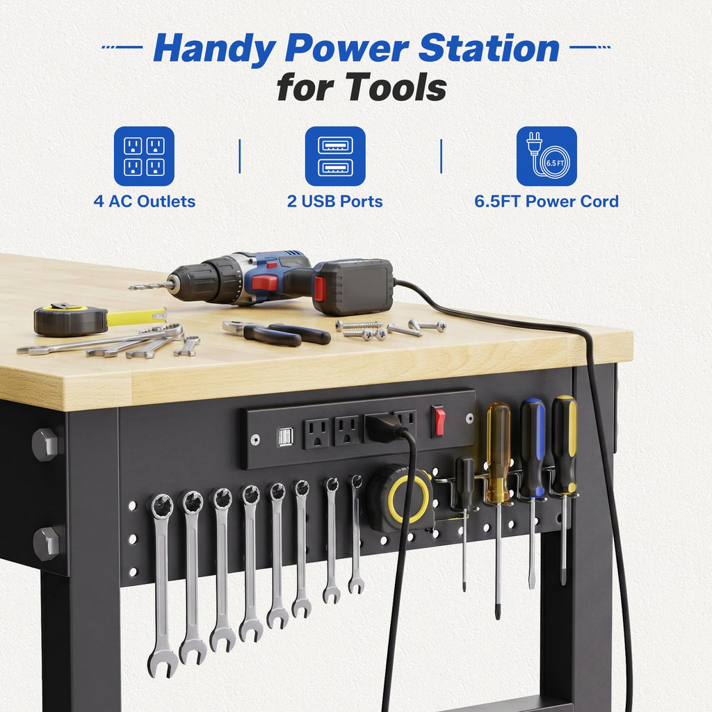 94.5" Heavy Duty Workbench, Height Adjustable Garage Work Table, Workstation Desk with Power Strip2, Workbench with Pegboard, 2000LBS Max Load