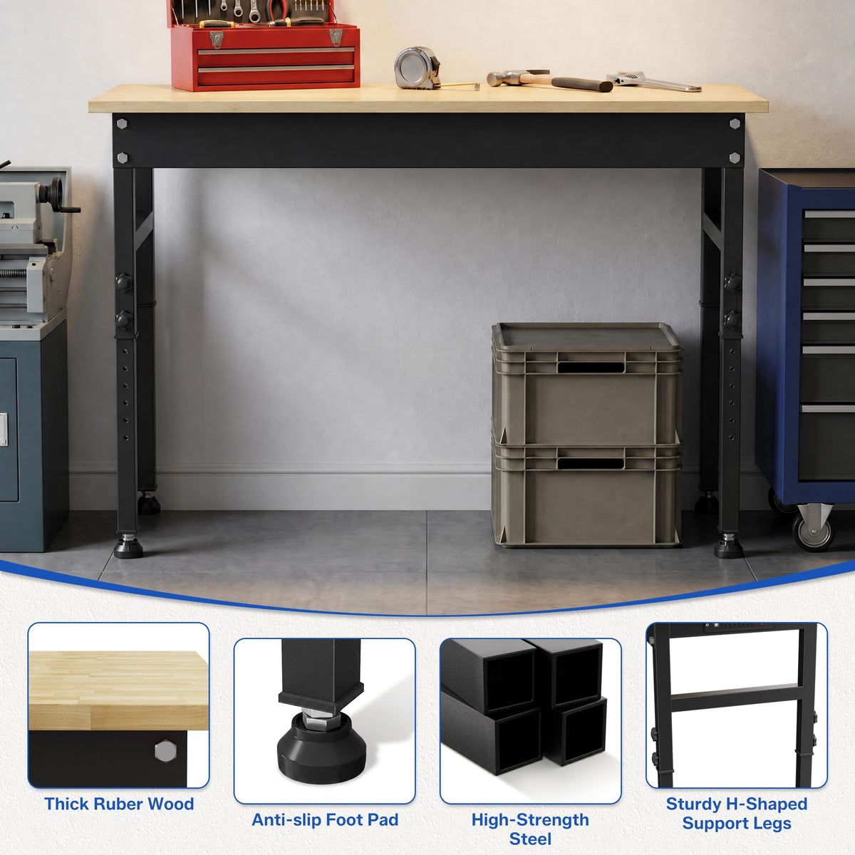 94.5" Heavy Duty Workbench, Height Adjustable Garage Work Table, Workstation Desk with Power Strip2, Workbench with Pegboard, 2000LBS Max Load