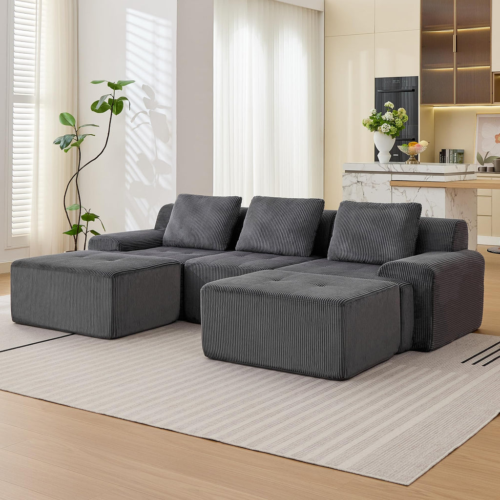 Modular Sectional Sofa, Boneless Couches for Living Room, Corduroy Couch, Big Comfy Couch, Modular Cloud Sofa with Deep Seat (Grey, 2 Pieces-Loveseat)
