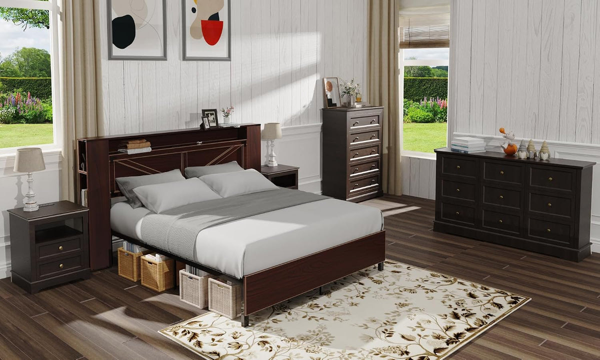 LOUVIXA Farmhouse Bedroom Sets of 4, Including 9 Drawer Dresser, 5 Drawer Dressers and Nightstand Set of 2 with Charging Station (Brown Sets, 4 Pieces)