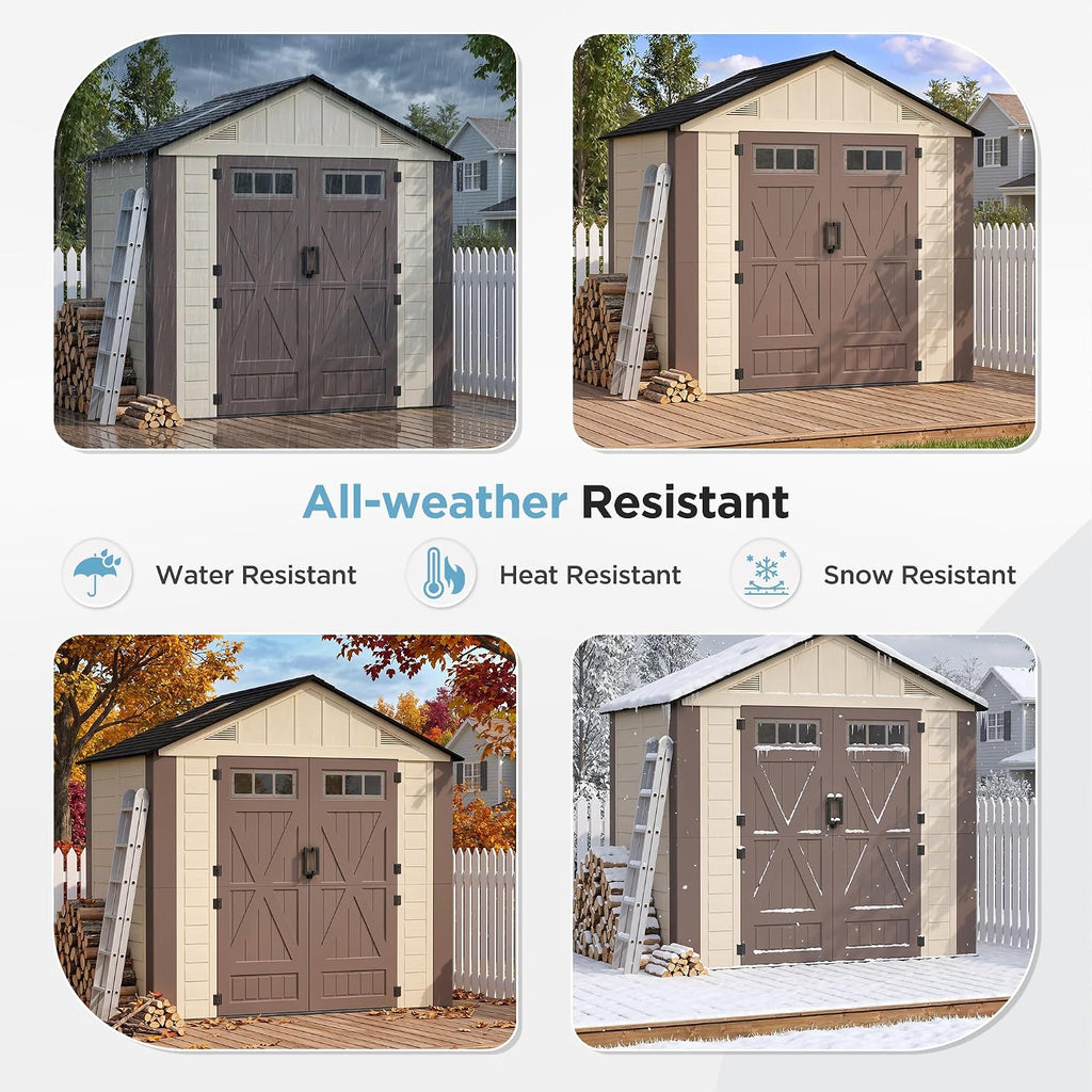 8x6 Resin Shed with Floor, Plastic Storage Shed with Window, Outside Storage Sheds with Lockable Door, Vents for Backyard, Garden, Lawn (8FTx6FT)