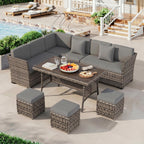 LOUVIXA 7 Pieces Patio Furniture Set, Outdoor Patio Furniture, Wicker Conversation Set with Dining Table, Chairs and Ottoman (6237 Grey-Brown)