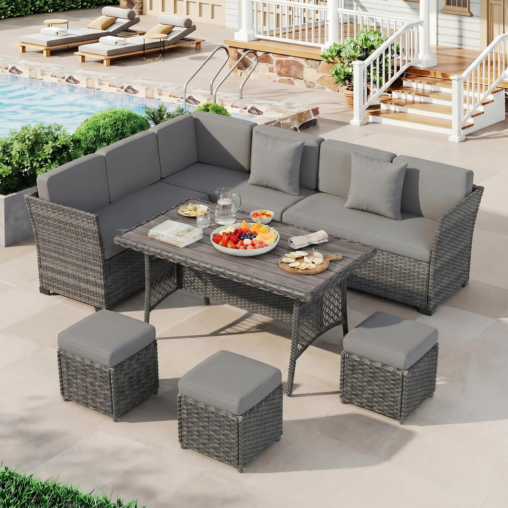 LOUVIXA 7 Pieces Patio Furniture Set, Outdoor Patio Furniture, Wicker Conversation Set with Dining Table, Chairs and Ottoman (6237 Grey-Brown)