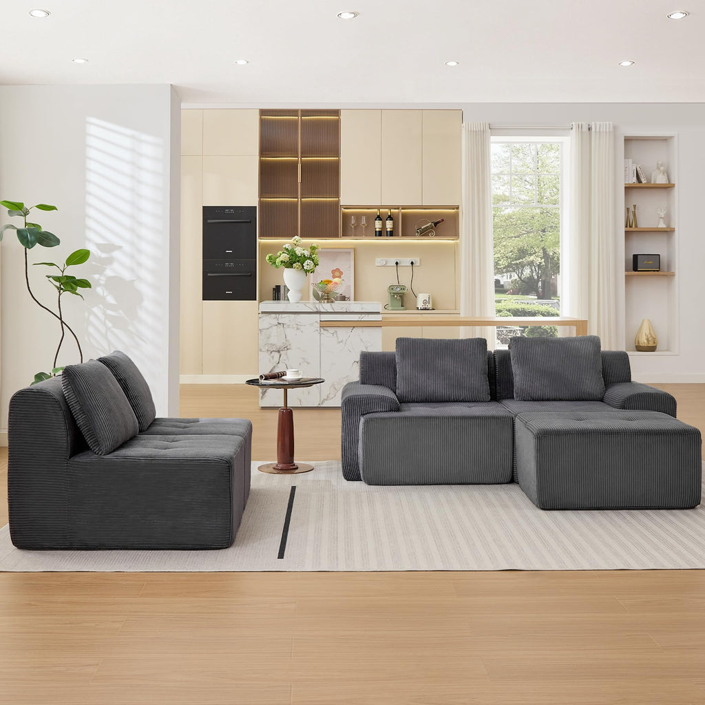 Modular Sectional Sofa, Boneless Couches for Living Room, Corduroy Couch, Big Comfy Couch, Modular Cloud Sofa with Deep Seat (Grey, 2 Pieces-Loveseat)