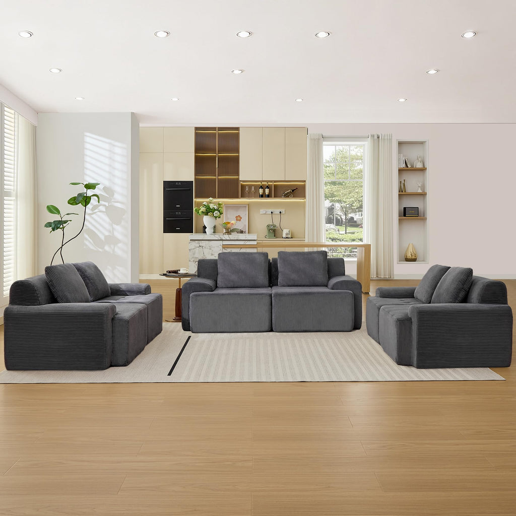Modular Sectional Sofa, Boneless Couches for Living Room, Corduroy Couch, Big Comfy Couch, Modular Cloud Sofa with Deep Seat (Grey, 2 Pieces-Loveseat)