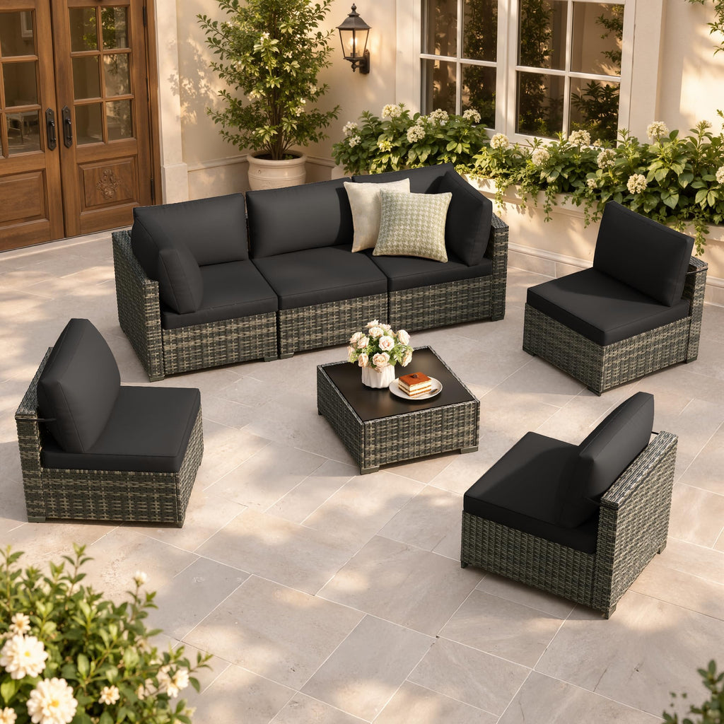 LOUVIXA 7 Piece Outdoor Patio Furniture Set, Rattan Chairs Glass Table Wicker Conversation Seating Sectional Sofa with Cushions (Brown-Camel, 7Pcs-2 Layer Coffee Table)