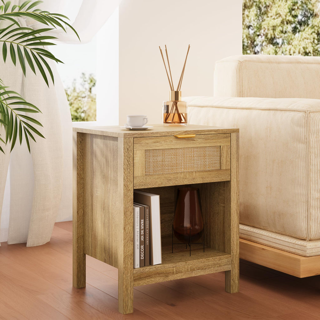 LOUVIXA Rattan Nightstand Set of 2, Boho Bed Side Tables, Nightstand with Drawer and Storage Shelf, Rattan End Tables for Living Room, Bedroom, Small Space
