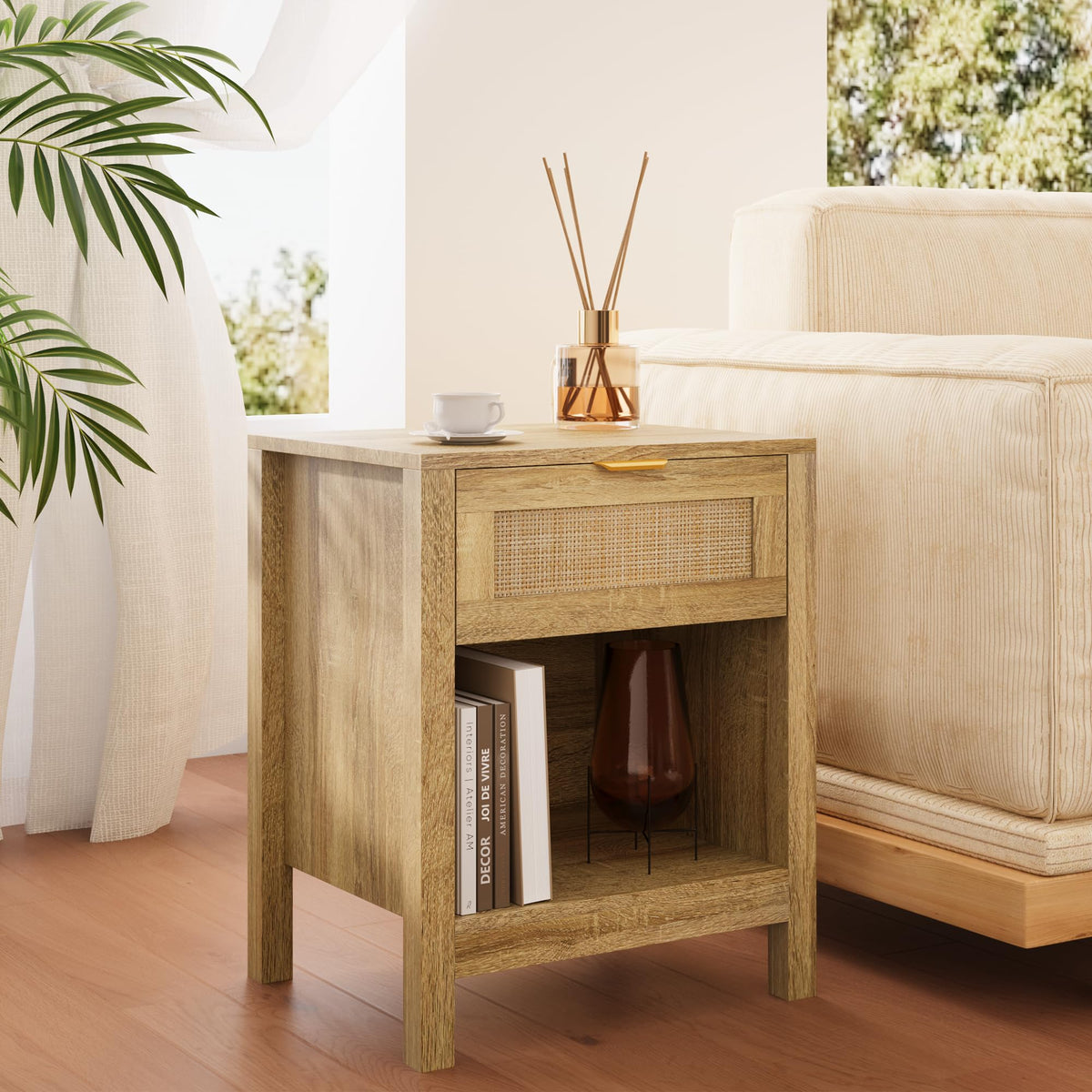LOUVIXA Rattan Nightstand Set of 2, Boho Bed Side Tables, Nightstand with Drawer and Storage Shelf, Rattan End Tables for Living Room, Bedroom, Small Space