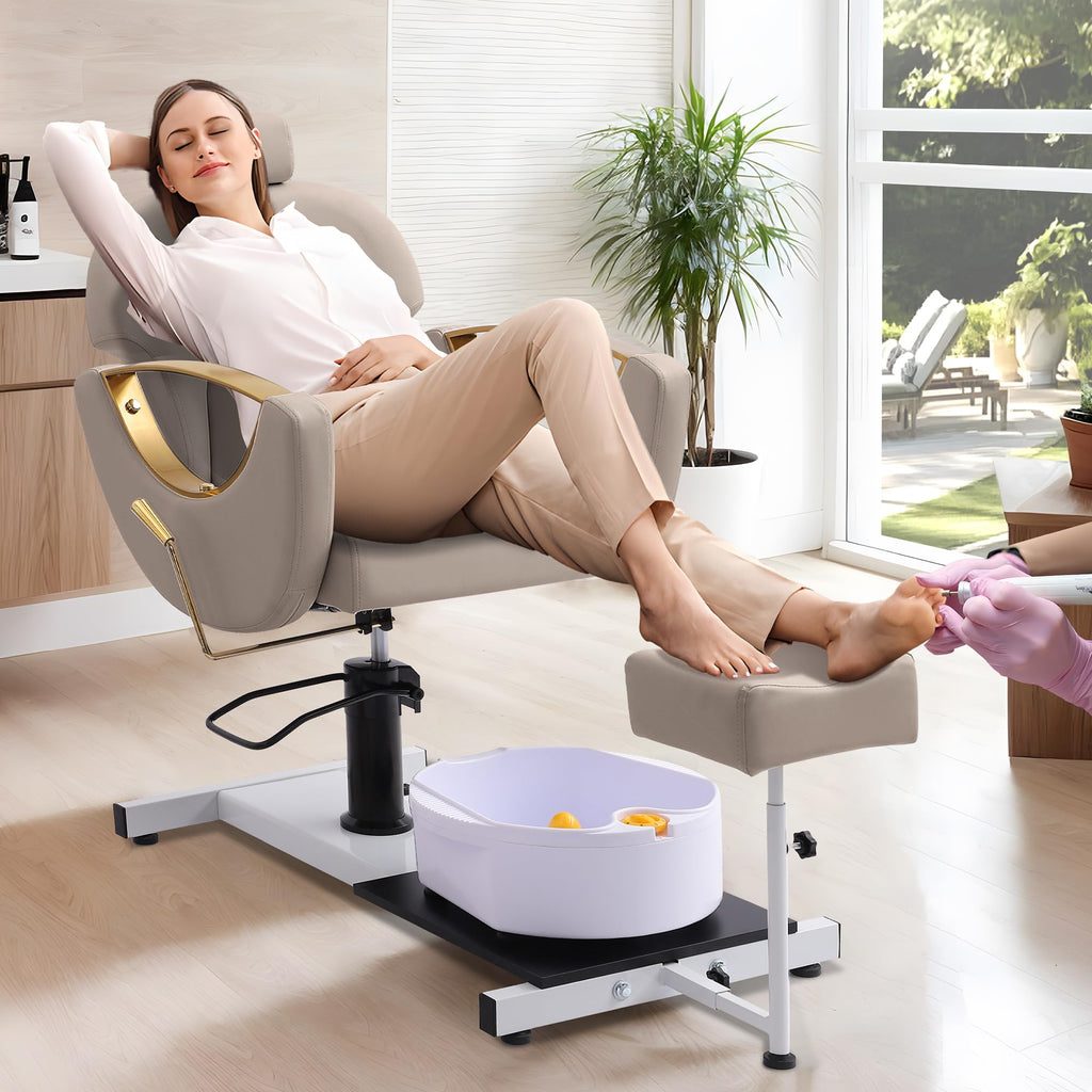 LOUVIXA Pedicure Station No Plumbing, Hydraulic Pedicure Chair for Nail Tech, Height Adjustable Reclining Pedicure Station Unit, with Massage Foot Bath (Cream White-Pillow)