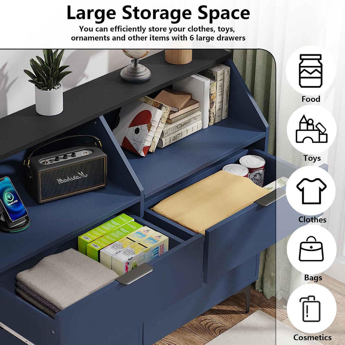 LOUVIXA 6 Drawer Dresser with LED Light, Chest of Drawers with Charging Station, Large Double Dressers, Wooden Dressers for Bedroom, Living Room, Entryway, Hallway (Blue)