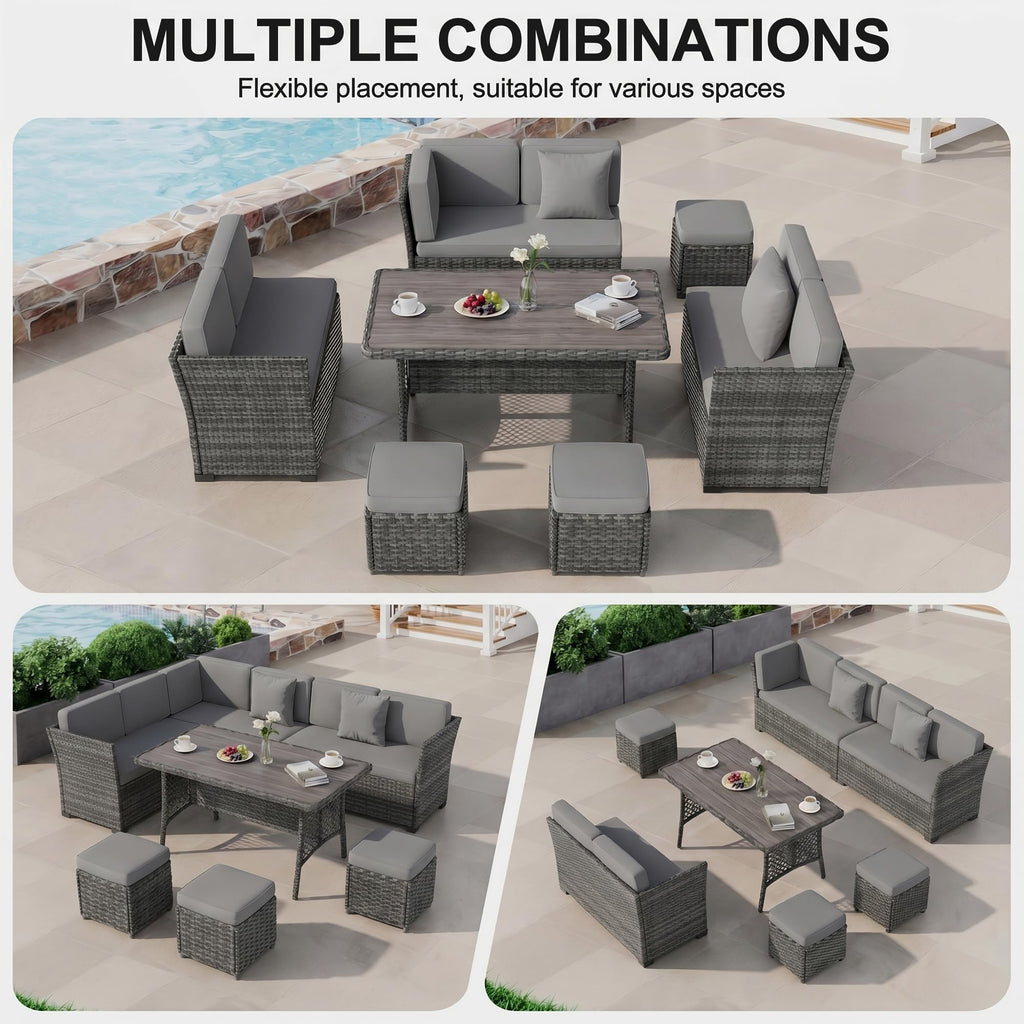 LOUVIXA 7 Pieces Patio Furniture Set, Outdoor Patio Furniture, Wicker Conversation Set with Dining Table, Chairs and Ottoman (6237 Grey-Brown)