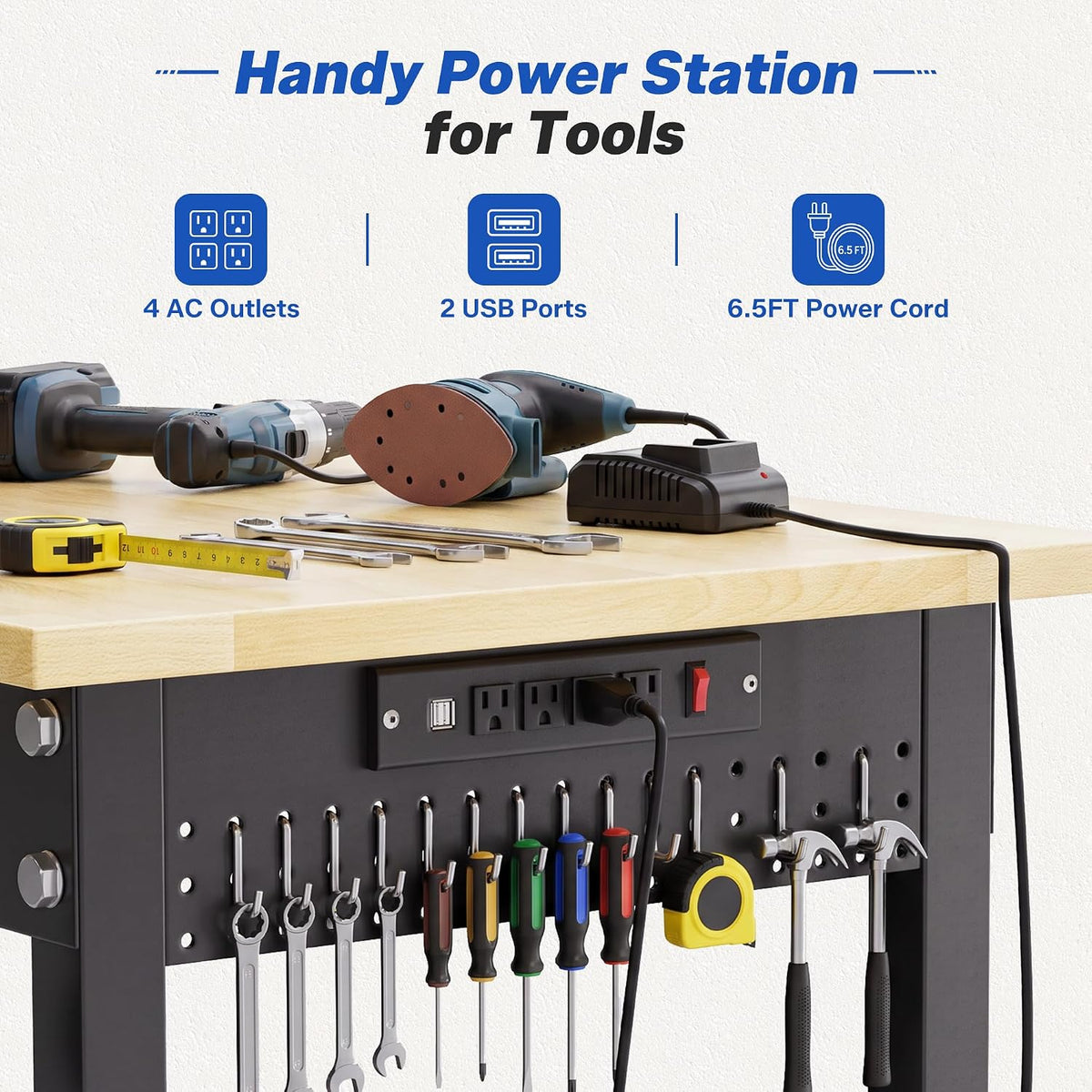 94.5" Heavy Duty Workbench, Height Adjustable Garage Work Table, Workstation Desk with Power Strip2, Workbench with Pegboard, 2000LBS Max Load