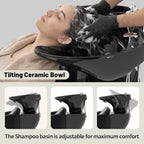 LOUVIXA Shampoo Stations for Salons, Shampoo Bowl and Chair with Tilting Porcelain Bowl and Adjustable Footrest, Black