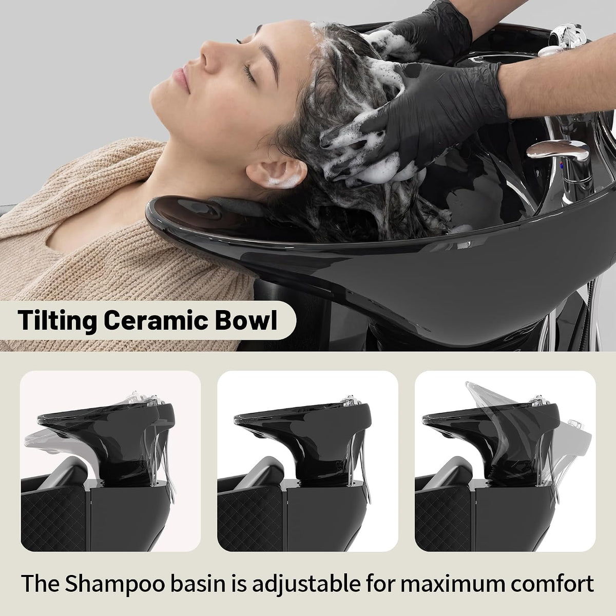 LOUVIXA Shampoo Stations for Salons, Shampoo Bowl and Chair with Tilting Porcelain Bowl and Adjustable Footrest, Black