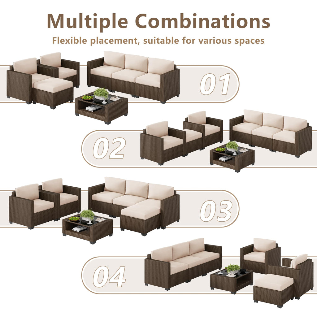 LOUVIXA 7 Piece Outdoor Patio Furniture Set, Rattan Chairs Glass Table Wicker Conversation Seating Sectional Sofa with Cushions (Brown-Camel, 7Pcs-2 Layer Coffee Table)
