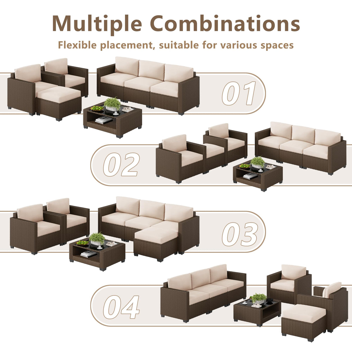 LOUVIXA 7 Piece Outdoor Patio Furniture Set, Rattan Chairs Glass Table Wicker Conversation Seating Sectional Sofa with Cushions (Brown-Camel, 7Pcs-2 Layer Coffee Table)