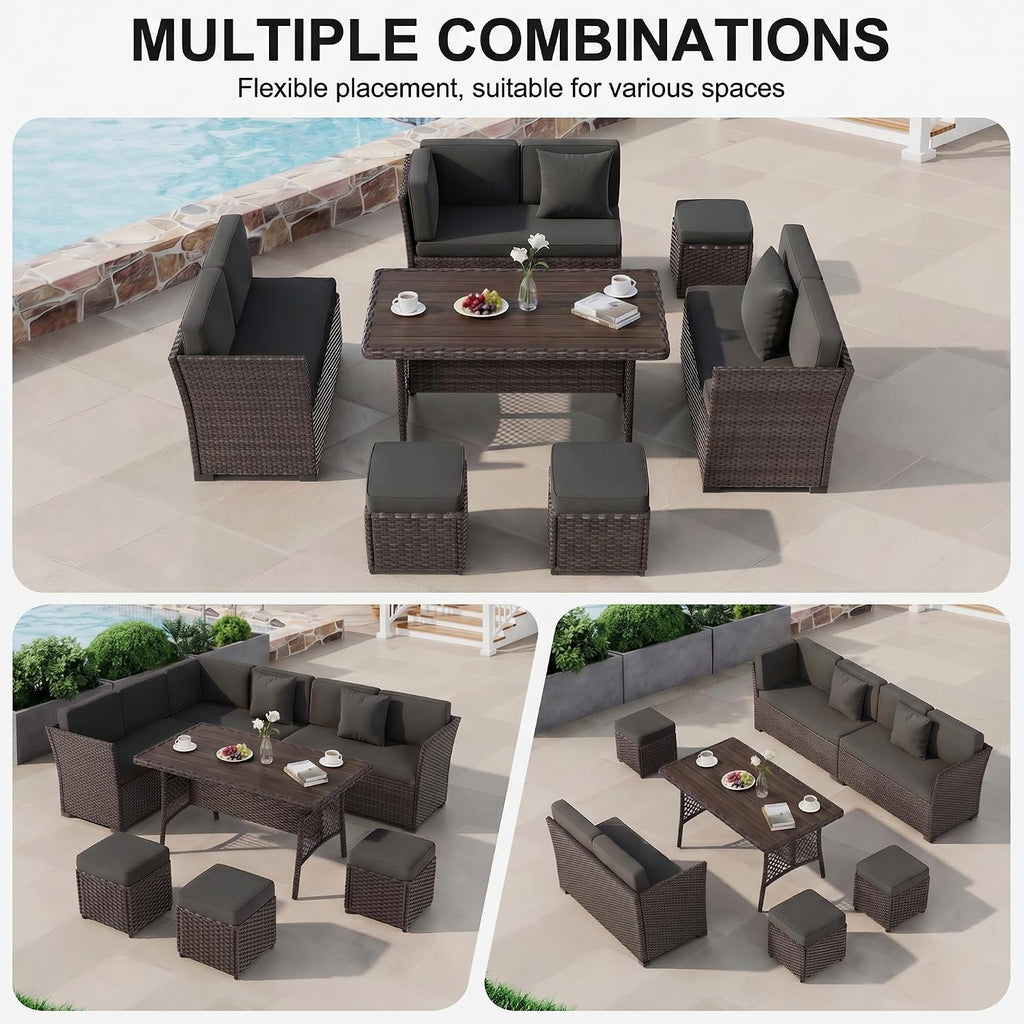LOUVIXA 7 Pieces Patio Furniture Set, Outdoor Patio Furniture, Wicker Conversation Set with Dining Table, Chairs and Ottoman (6237 Grey-Brown)