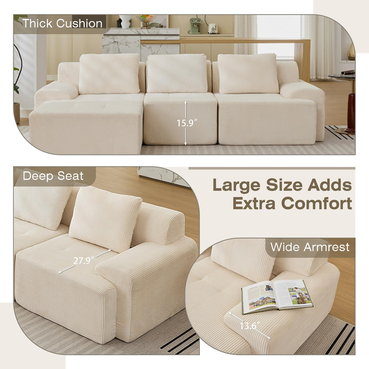 Modular Sectional Sofa, Boneless Couches for Living Room, Corduroy Couch, Big Comfy Couch, Modular Cloud Sofa with Deep Seat (Grey, 2 Pieces-Loveseat)