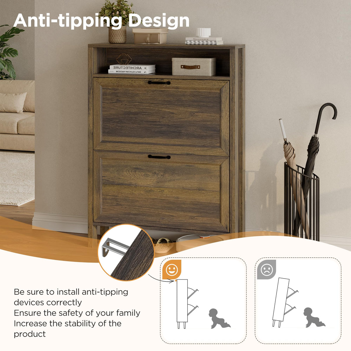 LOUVIXA Shoe Cabinet with 4 Flip Drawers, Narrow Shoe Storage Cabinet, Freestanding Shoe Cabinet Organizer, Hidden Shoe Rack Cabinet for Entryway, Hallway (4-Drawers, Brown/4-drawers)
