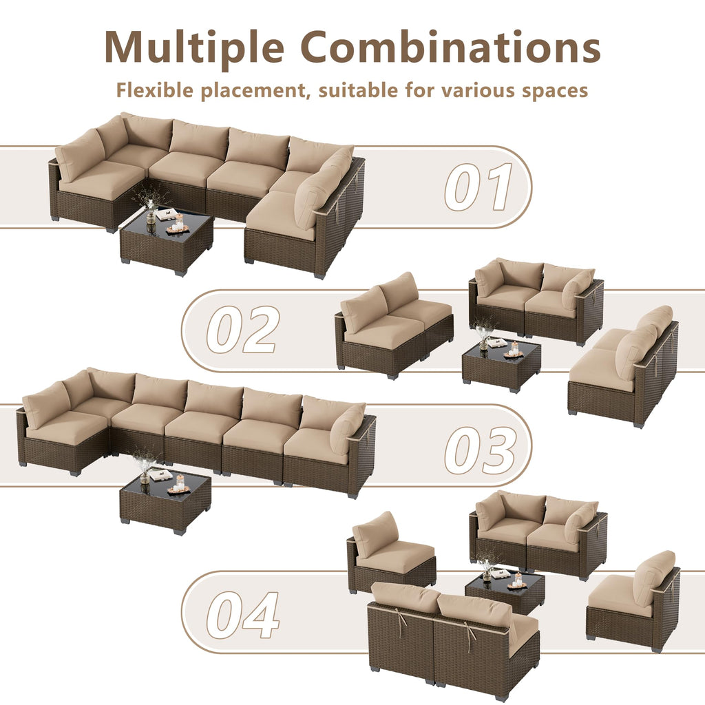 LOUVIXA 7 Piece Outdoor Patio Furniture Set, Rattan Chairs Glass Table Wicker Conversation Seating Sectional Sofa with Cushions (Brown-Camel, 7Pcs-2 Layer Coffee Table)