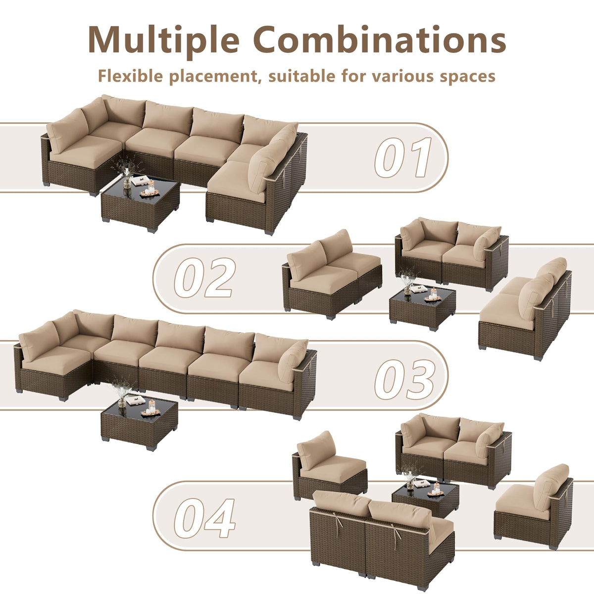 LOUVIXA 7 Piece Outdoor Patio Furniture Set, Rattan Chairs Glass Table Wicker Conversation Seating Sectional Sofa with Cushions (Brown-Camel, 7Pcs-2 Layer Coffee Table)