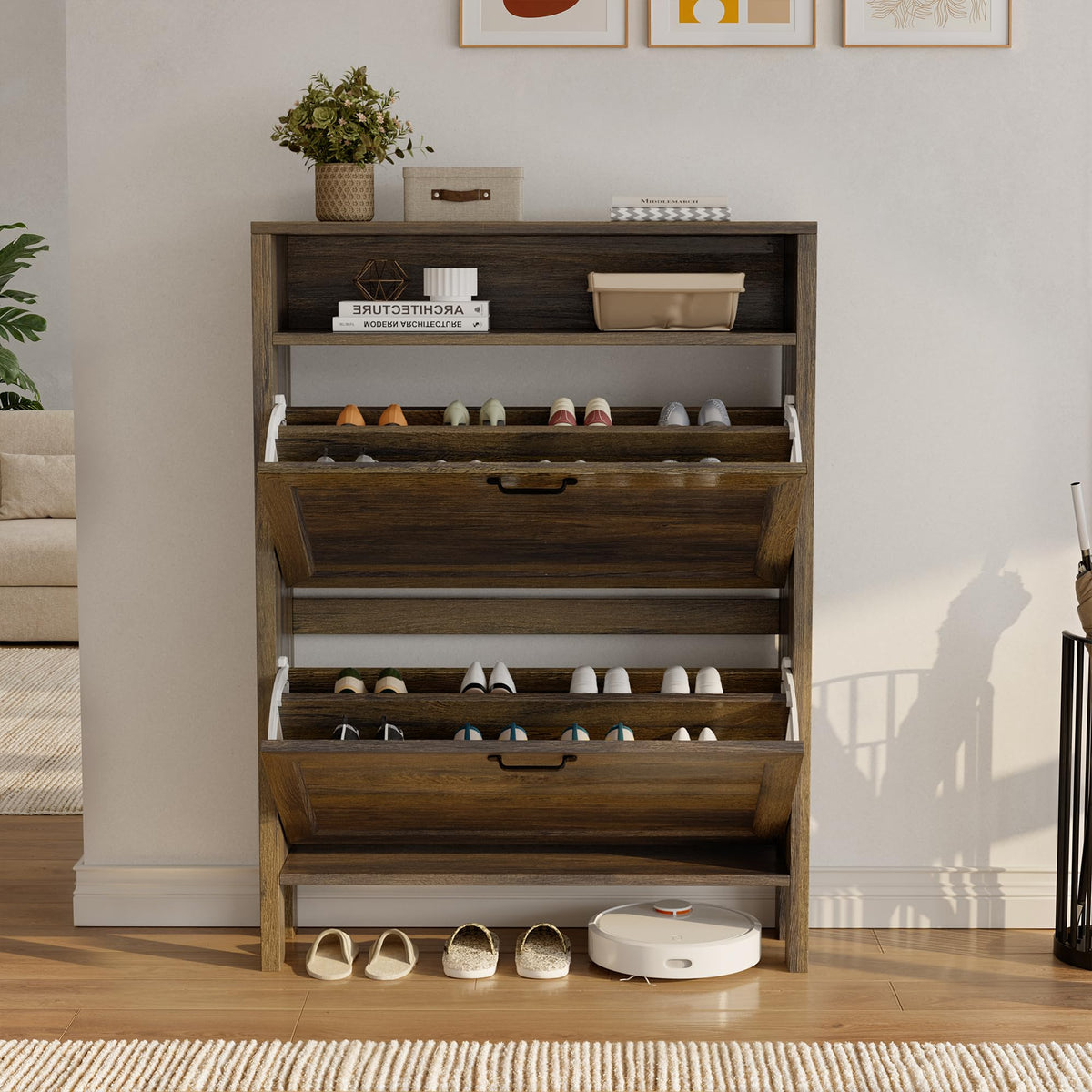 LOUVIXA Shoe Cabinet with 4 Flip Drawers, Narrow Shoe Storage Cabinet, Freestanding Shoe Cabinet Organizer, Hidden Shoe Rack Cabinet for Entryway, Hallway (4-Drawers, Brown/4-drawers)