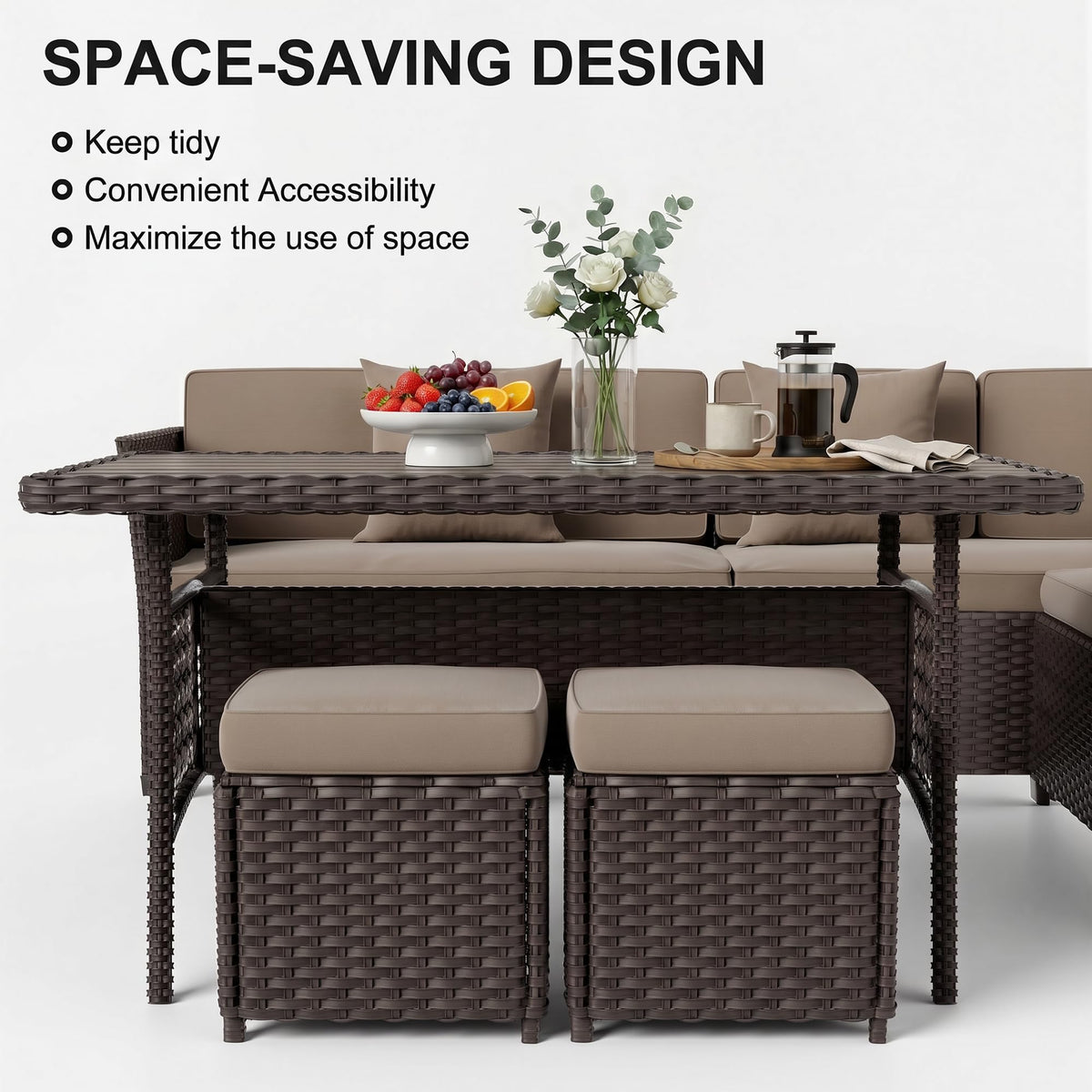 LOUVIXA 7 Pieces Patio Furniture Set, Outdoor Patio Furniture, Wicker Conversation Set with Dining Table, Chairs and Ottoman (6237 Grey-Brown)