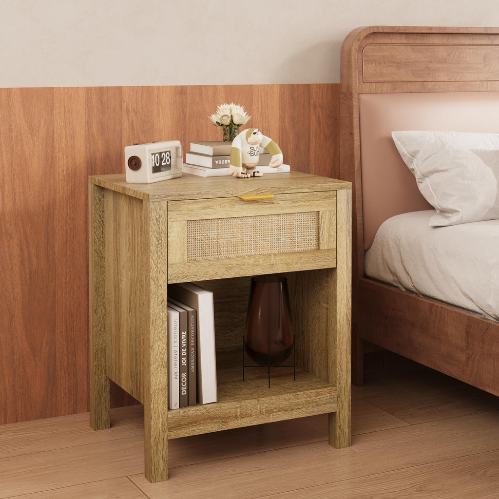 LOUVIXA Rattan Nightstand Set of 2, Boho Bed Side Tables, Nightstand with Drawer and Storage Shelf, Rattan End Tables for Living Room, Bedroom, Small Space