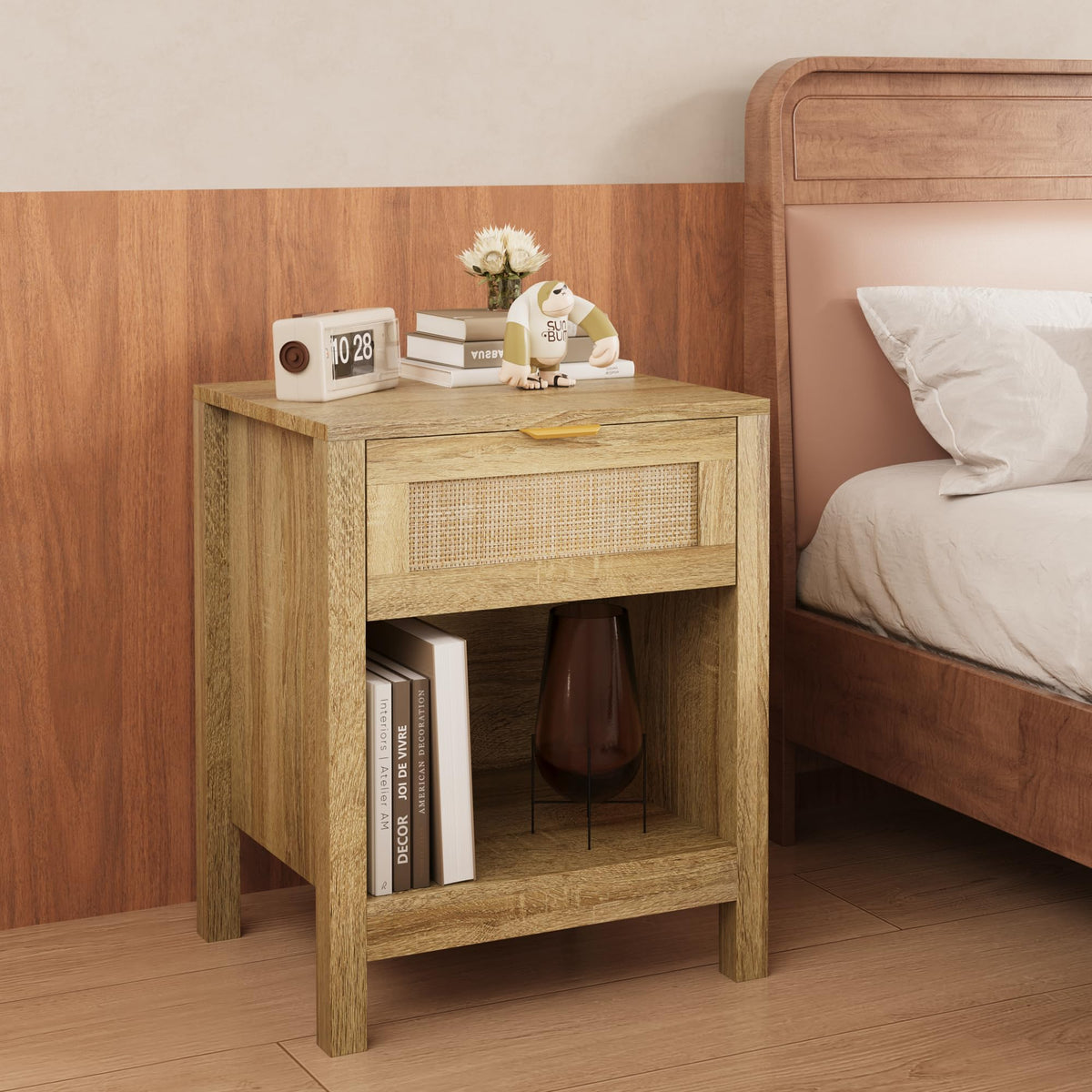 LOUVIXA Rattan Nightstand Set of 2, Boho Bed Side Tables, Nightstand with Drawer and Storage Shelf, Rattan End Tables for Living Room, Bedroom, Small Space