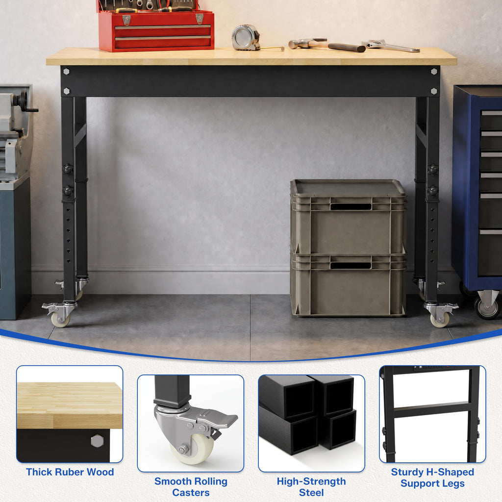94.5" Heavy Duty Workbench, Height Adjustable Garage Work Table, Workstation Desk with Power Strip2, Workbench with Pegboard, 2000LBS Max Load