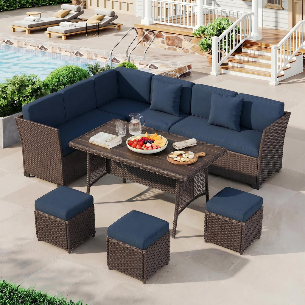 LOUVIXA 7 Pieces Patio Furniture Set, Outdoor Patio Furniture, Wicker Conversation Set with Dining Table, Chairs and Ottoman (6237 Grey-Brown)