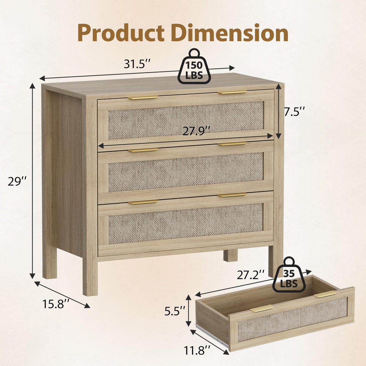 LOUVIXA Rattan Chest of Dressers, Wooden Drawer Dresser, 9 Drawers Rattan Dresser for Bedroom, Living Room, Hallway (Black, 9 Drawers)