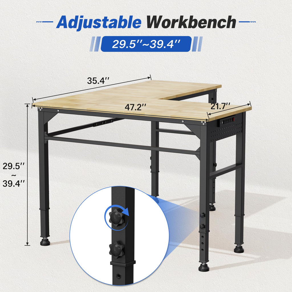 94.5" Heavy Duty Workbench, Height Adjustable Garage Work Table, Workstation Desk with Power Strip2, Workbench with Pegboard, 2000LBS Max Load