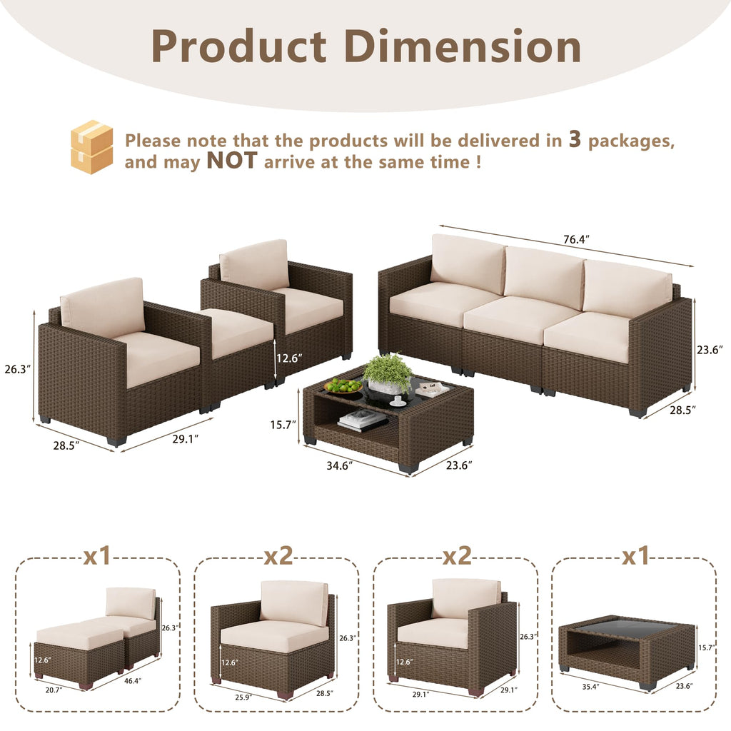 LOUVIXA 7 Piece Outdoor Patio Furniture Set, Rattan Chairs Glass Table Wicker Conversation Seating Sectional Sofa with Cushions (Brown-Camel, 7Pcs-2 Layer Coffee Table)
