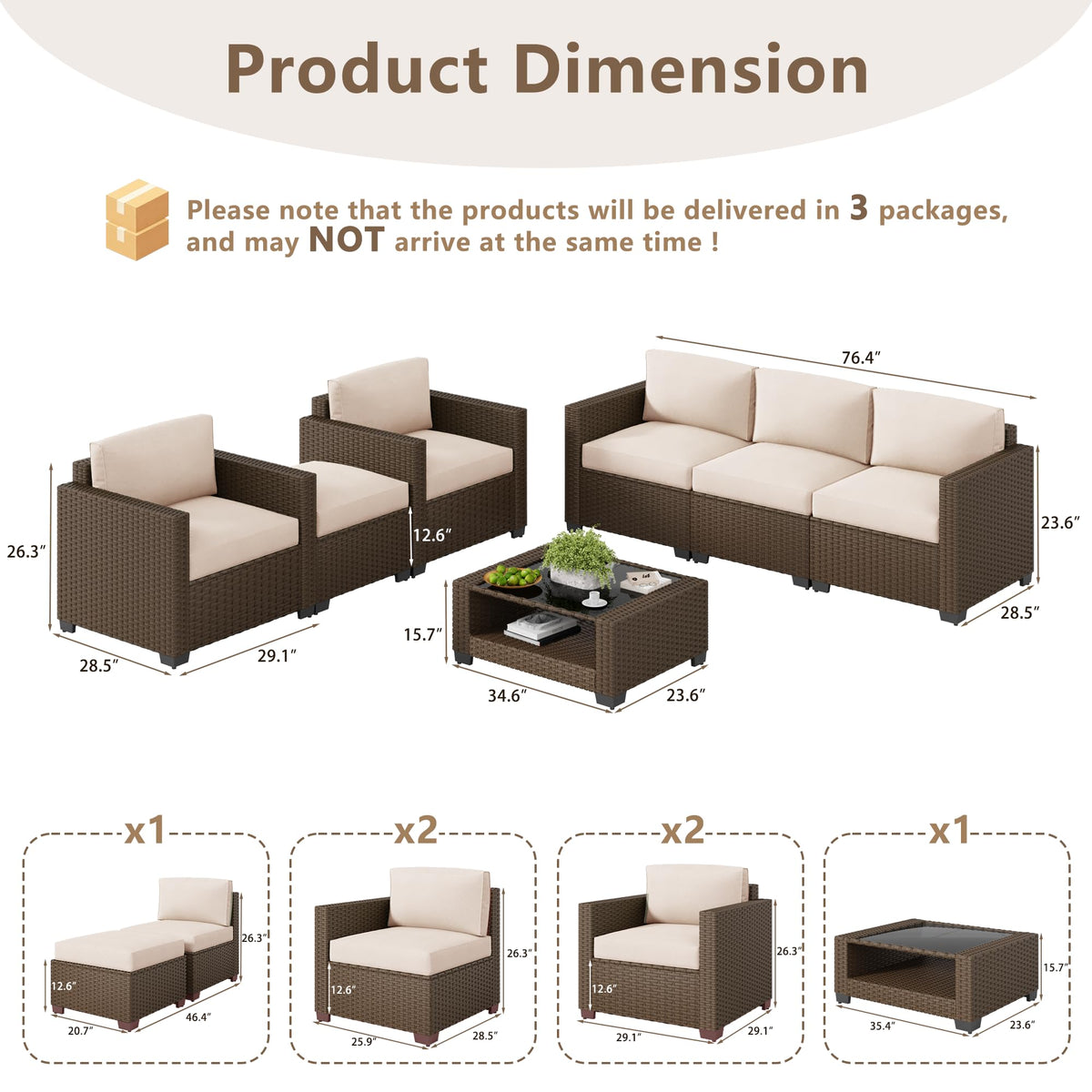 LOUVIXA 7 Piece Outdoor Patio Furniture Set, Rattan Chairs Glass Table Wicker Conversation Seating Sectional Sofa with Cushions (Brown-Camel, 7Pcs-2 Layer Coffee Table)
