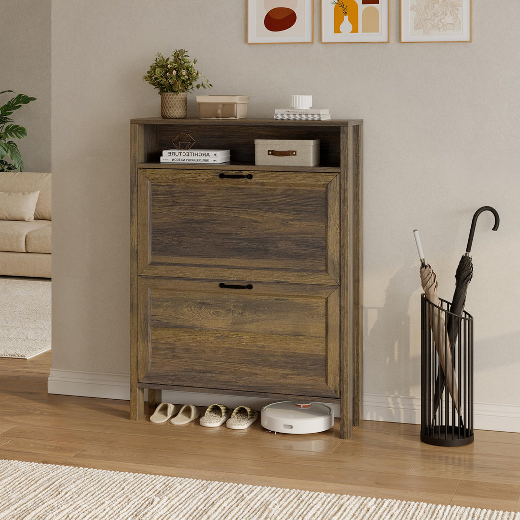 LOUVIXA Shoe Cabinet with 4 Flip Drawers, Narrow Shoe Storage Cabinet, Freestanding Shoe Cabinet Organizer, Hidden Shoe Rack Cabinet for Entryway, Hallway (4-Drawers, Brown/4-drawers)